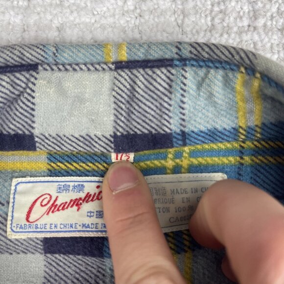 Vintage Champion Flannel Shirt Mens Sz 17.5 Blue Gray Plaid Cotton Button Up - Picture 8 of 16
